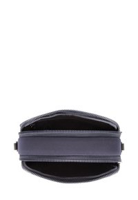 Temno modra torbica z zadrgo, s gladko zunanjo površino, okroglo obliko in črto notranjo oblogo. Ima dvojno zadrgo in trpežen poteg zadrge.