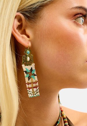 Boucles d'oreilles perlées avec un motif d'oiseau couleur or, comprenant des accents turquoise et blanc, ainsi que des motifs multicolores complexes, suspendues sous le lobe de l'oreille.
