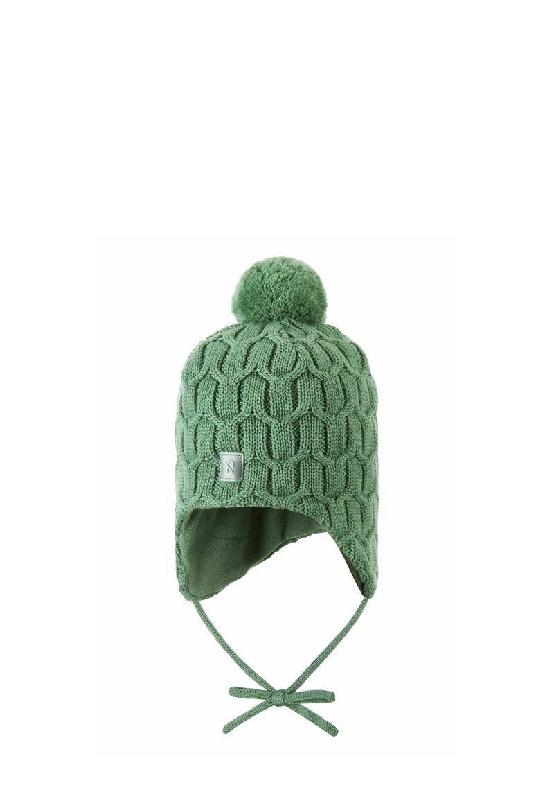 Green knit hat with a textured pattern, featuring a pom-pom on top, ear flaps, and a soft lining. Ties at the chin for secure fit.