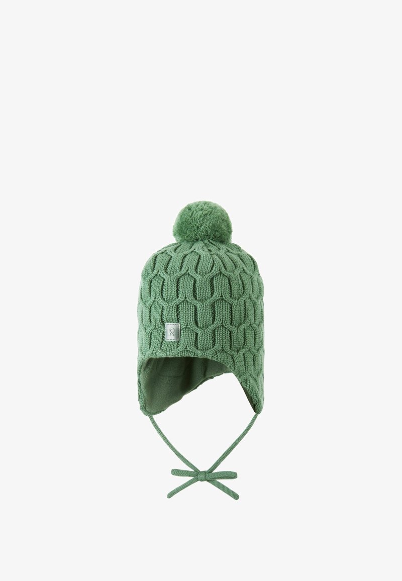 Green knit hat with a textured pattern, featuring a pom-pom on top, ear flaps, and a soft lining. Ties at the chin for secure fit.
