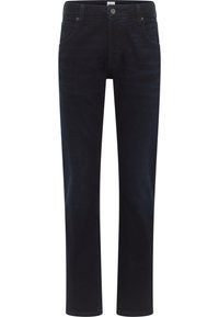 Jeans in denim blu scuro con design a gamba dritta, cinque tasche e chiusura con bottone. Il tessuto ha una trama liscia e una leggera scoloritura.