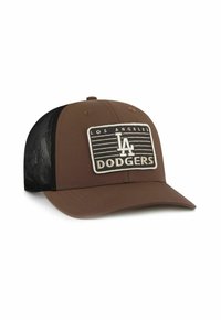 Brauner Hut mit einem schwarzen Netzrücken, ausgestattet mit einem rechteckigen, weißen und schwarzen gestickten Aufnäher, auf dem "Los Angeles Dodgers" steht. Geschlossene Rückendesign.