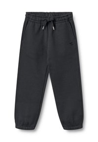 Tamnosive sportske hlače od meke tkanine, s elastičnim pojasom s vezicama, bočnim džepovima i suženim manšetama.