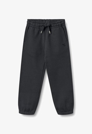 Temno sive trenirke iz mehke tkanine, z elastičnim pasom z vezalko, stranskimi žepi in zoženimi manšetami.