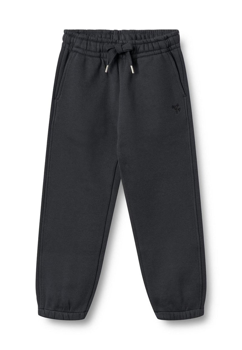 Tamnosive sportske hlače od meke tkanine, s elastičnim pojasom s vezicama, bočnim džepovima i suženim manšetama.