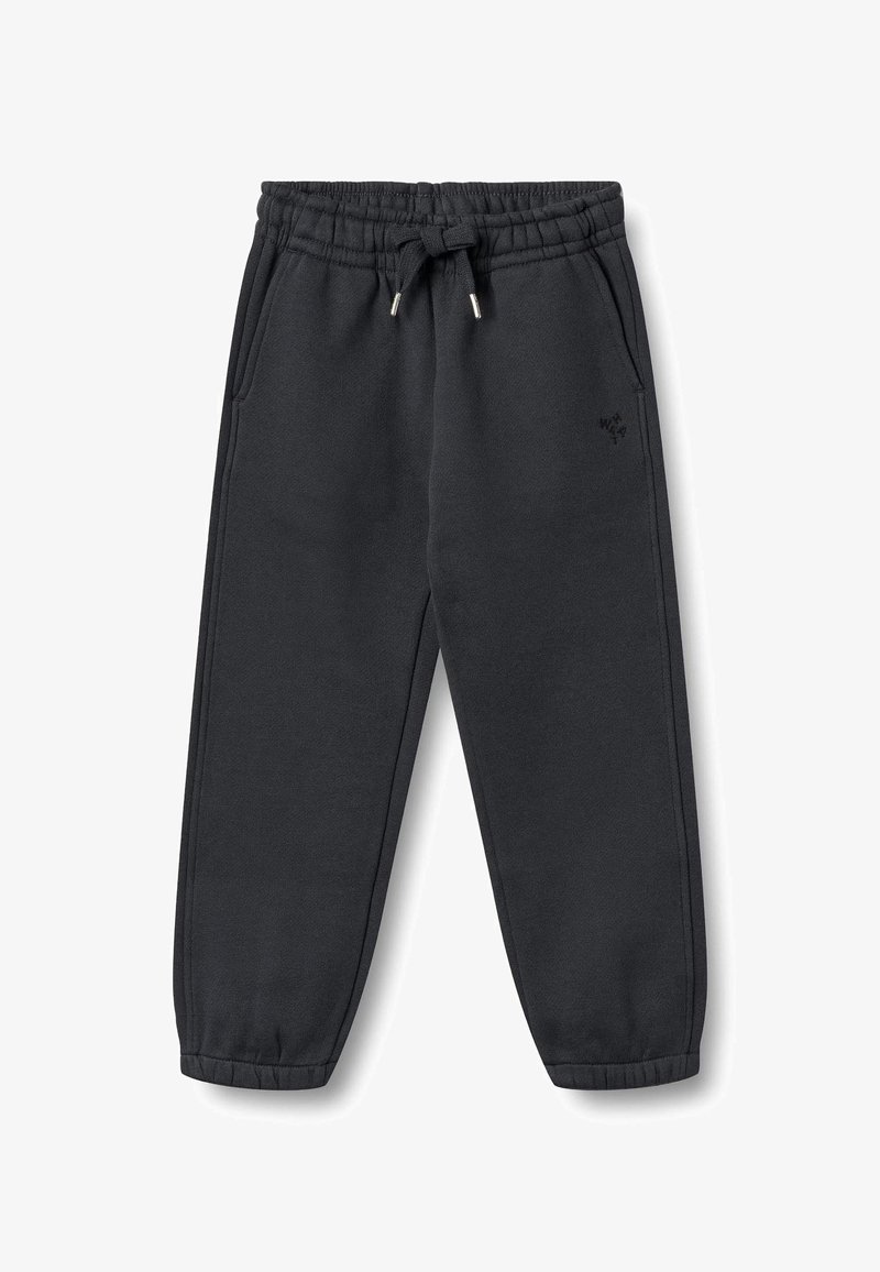 Tamnosive sportske hlače od meke tkanine, s elastičnim pojasom s vezicama, bočnim džepovima i suženim manšetama.