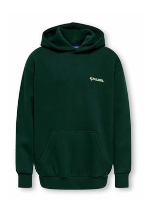 Ciemnozielona bluza z kapturem, kieszenią z przodu i małym białym logo na lewej części klatki piersiowej.