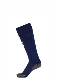 Granatowe długie skarpety do kolan z prążkowanym ściągaczem, wzmocnionymi szarymi piętą i palcami, z delikatnym białym logo po boku.