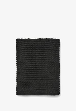 Tessuto a maglia nero, forma rettangolare con un motivo testurizzato a coste. I bordi sono leggermente ondulati, mostrando una consistenza del filato uniforme.