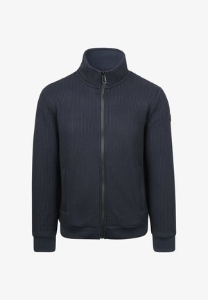 Marineblauwe zip-up jas van gestructureerde stof, met een staande kraag, ribgebreide manchetten en zijzakken voor extra functionaliteit.