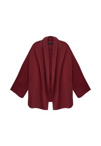 Rozpinany, luźny kardigan z długim rękawem w głębokiej czerwieni, z szerokim kołnierzem szalowym i miękką, lejącą się tkaniną.