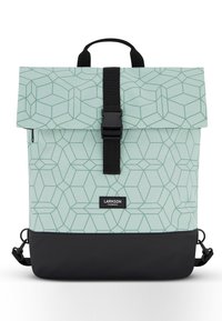 Light teal backpack with geometric pattern, black accents, and top flap. Features adjustable straps and front buckle closure.
