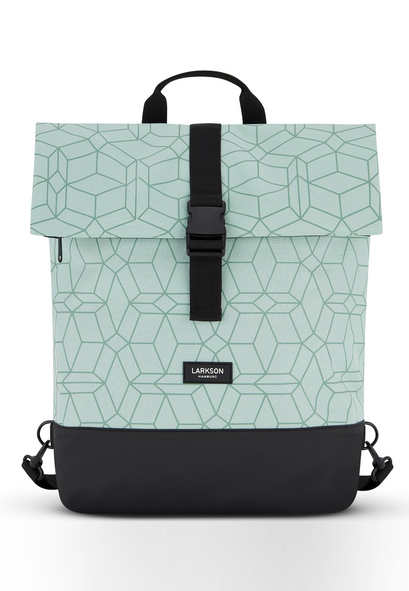 Light teal backpack with geometric pattern, black accents, and top flap. Features adjustable straps and front buckle closure.
