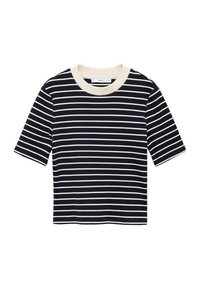 Námořnické modré a krémové pruhované zkrácené tričko, krátké rukávy, kulatý výstřih, vyrobeno z měkké látky, s rovnoměrnými vodorovnými pruhy a jednoduchým designem.