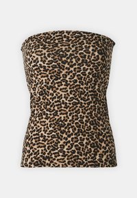 Leopardo rašto be rankovių viršus iš minkštos medžiagos. Dekoruotas juodais dėmėmis ant smėlio spalvos fono, prigludusi konstrukcija su tiesiu iškirpimu.