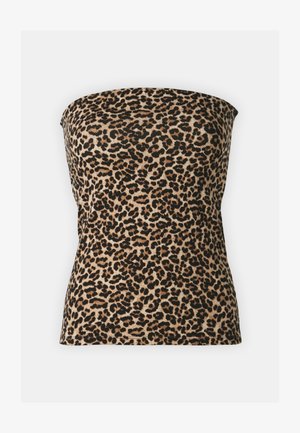 Top sans manches en tissu doux avec un imprimé léopard. Présente des taches noires sur un fond beige, avec une coupe ajustée et un décolleté droit.