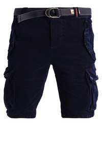 Námořnické modré cargo šortky s několika kapsami na klapky a šedým látkovým opaskem s kovovou sponou.