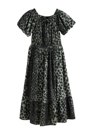 Sort og grå leopardprint midi kjole med pufærmer, elastisk off-shoulder halsudskæring, rynket talje og flæset kant.