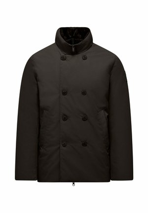 Schwarzer doppelter Knopfverschluss-Mantel aus glattem Stoff, mit hohem Kragen, großen Knöpfen, Seitentaschen und einem Reißverschluss am Saum.