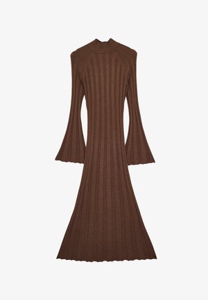 Brown ribbed knit midi dress with flared long sleeves and a mock neck collar, fitted through the waist and hips.