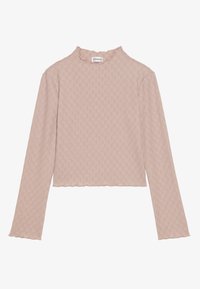 Langärmliges, blushrosa Oberteil mit strukturiertem Rautenmuster, gewelltem Ausschnitt und Saum. Hergestellt aus einem weichen, leichten Stoff.
