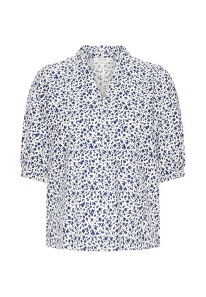 Weiße Bluse mit kurzen Ärmeln, blauem Blumenmuster, V-Ausschnitt und leicht gepufften Ärmeln mit elastischen Bündchen.