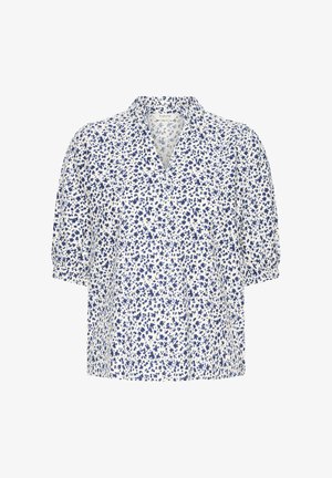 Weiße Bluse mit kurzen Ärmeln, blauem Blumenmuster, V-Ausschnitt und leicht gepufften Ärmeln mit elastischen Bündchen.