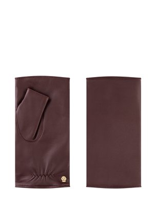 Pair of long brown leather gloves with thumb opening and gathered wrist detail on left glove, plain back on right glove.