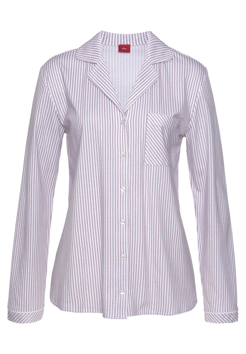 Striped cotton pajama shirt in light purple and white, featuring a notched collar, long sleeves, front pocket, and button closure.