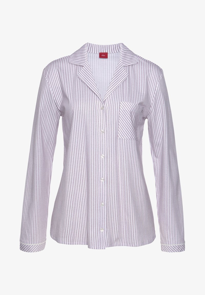 Prugasta pamučna pidžama košulja u svijetloplavoj i bijeloj boji, s izrezanim ovratnikom, dugim rukavima, prednjim džepom i kopčanjem na dugmad.