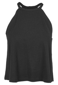 Svart halterneck topp laget av myk bomull, med løs passform og buet kant for komfort. Minimalistisk design uten synlige mønstre.