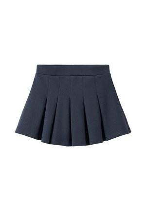 Jupe plissée bleu foncé avec une taille ajustée, présentée sur fond blanc.