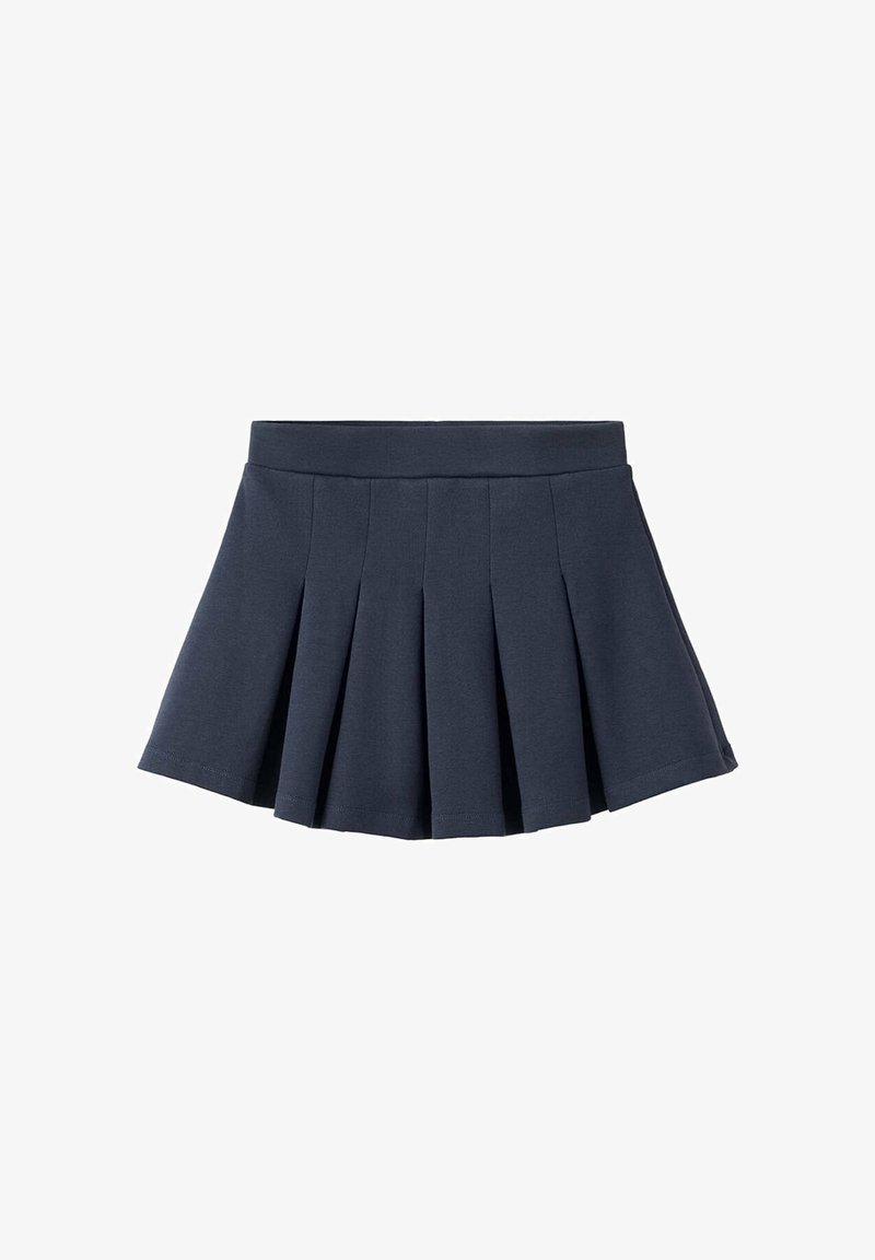 Jupe plissée bleu foncé avec une taille ajustée, présentée sur fond blanc.