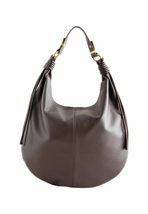 Dark brown leather hobo bag with knotted strap details and gold hardware on a white background.