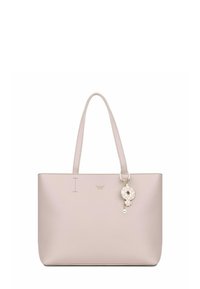 Světle růžová taška na rameno s hladkým povrchem, dvěma uchy a přívěskem. Obsahuje jemné logo a detaily prošití.