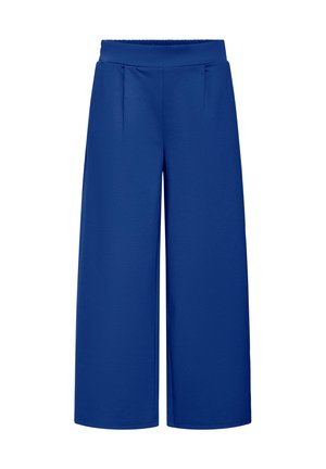 Blauwe broek met wijde pijpen, elastische tailleband en geplooide voorkant, weergegeven op een witte achtergrond.