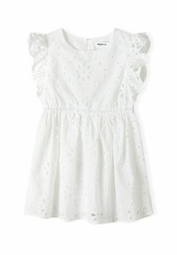 Vestido de algodón blanco con bordado de ojales florales, mangas cortas con volantes, cintura elástica y escote redondo. Cierre de cremallera en la parte posterior.