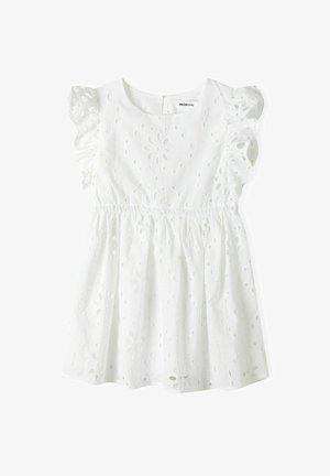 Biela bavlnená šaty s kvetinovým výšivkou z očiek, krátkymi volánovými rukávmi, elastickým pásom a okrúhlym výstrihom. Zapínanie na zips na chrbte.