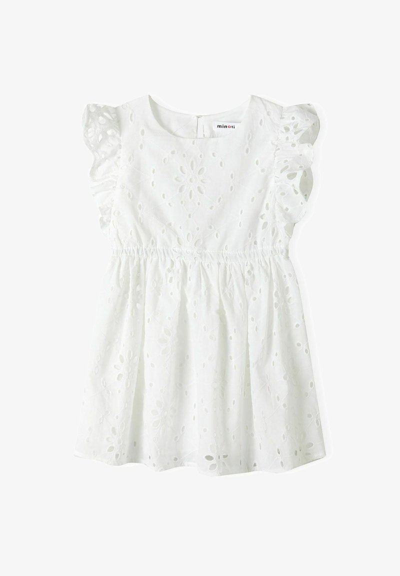 Bijela pamučna haljina s cvjetnim vezenjem, kratkim volan rukavima, elastičnom stražnjom pasicom i okruglim izrezom. Zatvaranje sa zatvaračem na leđima.