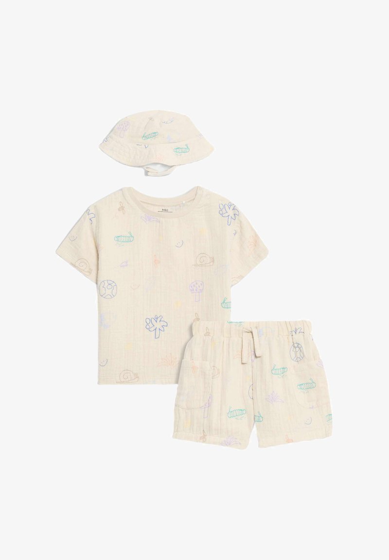 Baumwollensemble für Kleinkinder mit einem T-Shirt mit kurzen Ärmeln und Shorts, in einem hellbeigen Farbton und verschiedenen pastellfarbenen, naturthemenbezogenen Stickereien.