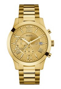 Montre chronographe en or avec un cadran texturé, index horaires en chiffres romains et affichage de la date. Équipée d'un bracelet en métal doré à maillons.