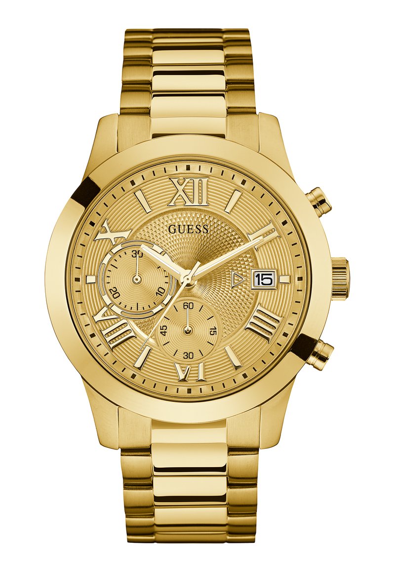 Montre chronographe en or avec un cadran texturé, index horaires en chiffres romains et affichage de la date. Équipée d'un bracelet en métal doré à maillons.