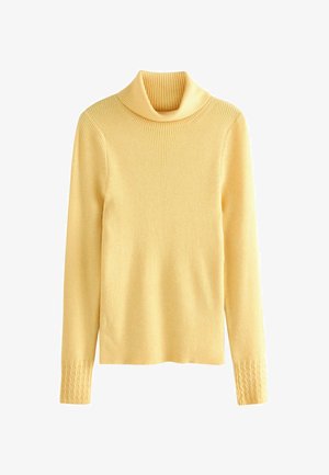 Gul ribbet rullekravesweater med lange ærmer og strukturerede manchetter, præsenteret på en hvid baggrund.
