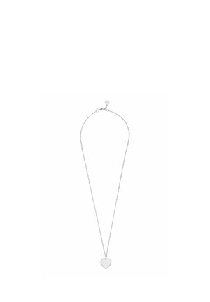 Zarte Silberkette mit kleinen, gleichmäßig verteilten Perlen, einem glatten herzförmigen Anhänger und Karabinerverschluss.