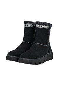 Botas de tobillo de ante negro con forro de piel sintética, costura decorativa plateada en la parte superior y suelas de goma con un diseño dentado.