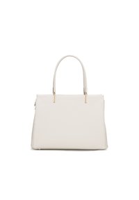 Borsa in pelle bianca con un design strutturato, base piatta e due manici superiori. Presenta hardware in tonalità dorata e una finitura testurizzata.
