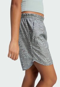 Szorty w panterkę w jasnoszarym kolorze, z elastycznym paskiem i bocznymi kieszeniami. Wykonane z lekkiego materiału, o luźnym kroju.
