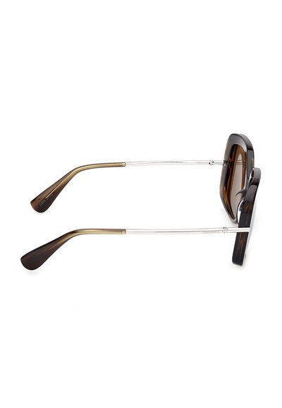 Rectangular tortoiseshell sunglasses with thin silver arms and brown earpieces, shown from a side view on a white background.
