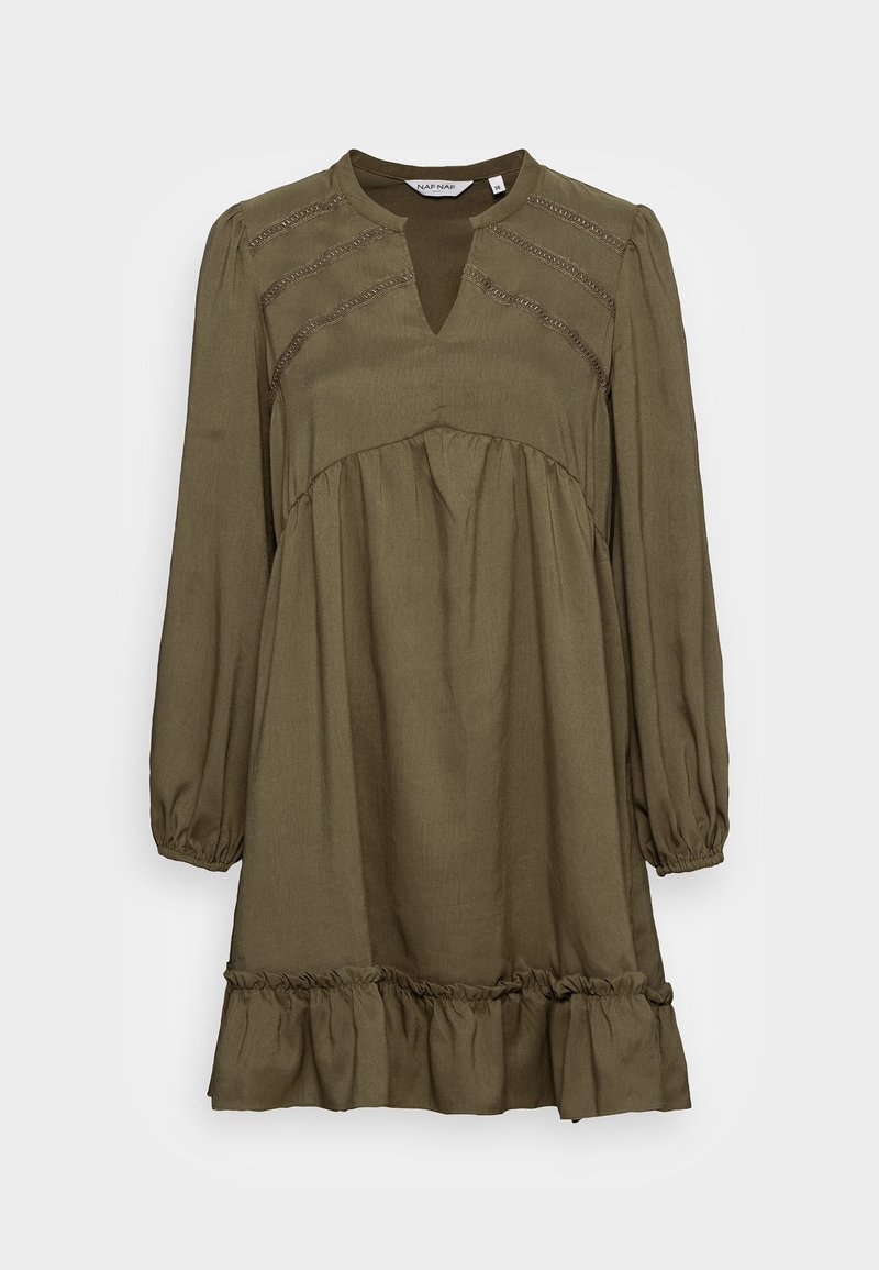 Robe olive à manches longues avec col en V, taille froncée, ourlet à volants et détails décoratifs en dentelle horizontale sur la poitrine supérieure.