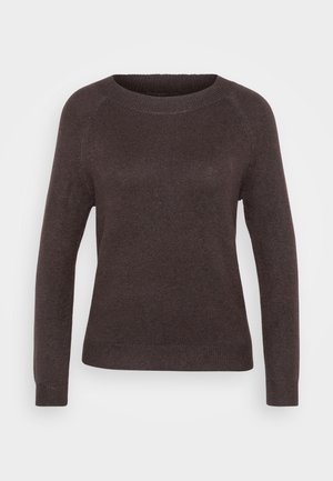 Suéter castanho escuro com uma textura canelada, decote redondo e mangas longas. Apresenta uma barra ajustada e um acabamento de tecido suave.